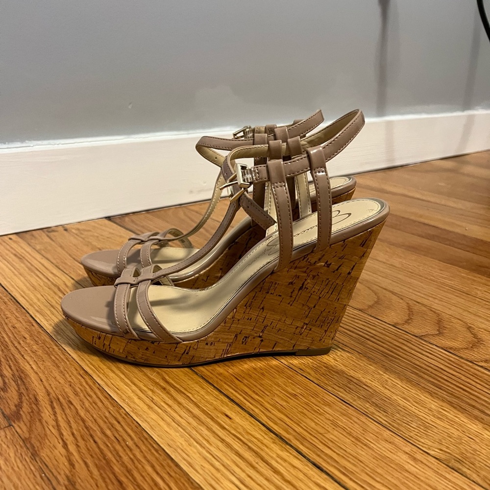 Jessica Simpson Jardina Tan T Strap Wedge size 8. Great condition